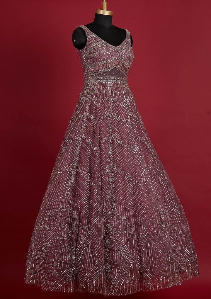 Onion Pink Sequins Net Designer Gown - koskii