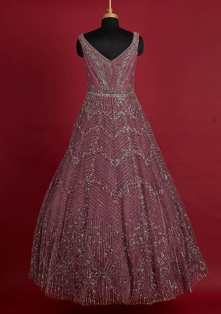 Onion Pink Sequins Net Designer Gown - koskii