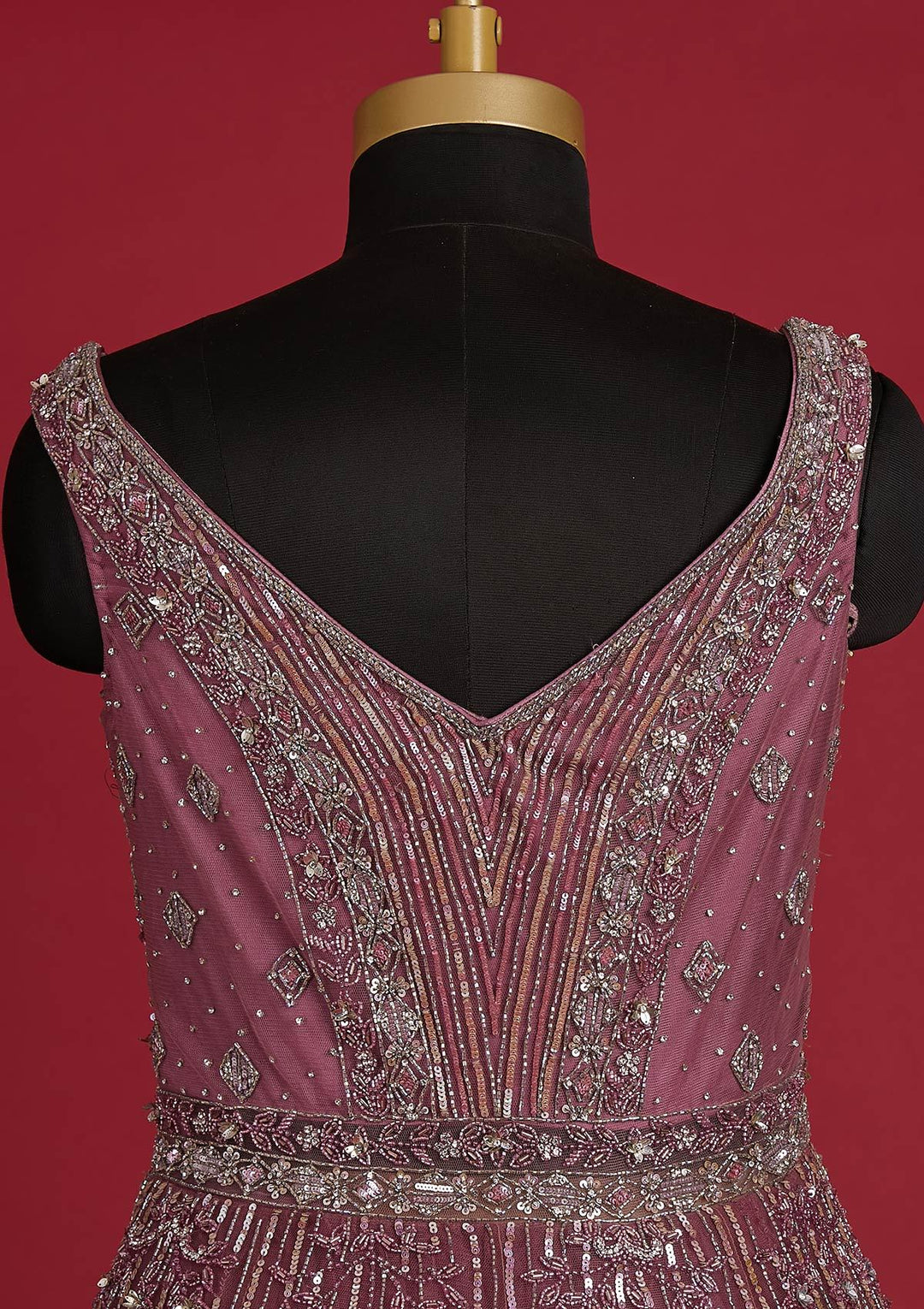 Onion Pink Sequins Net Designer Gown - koskii