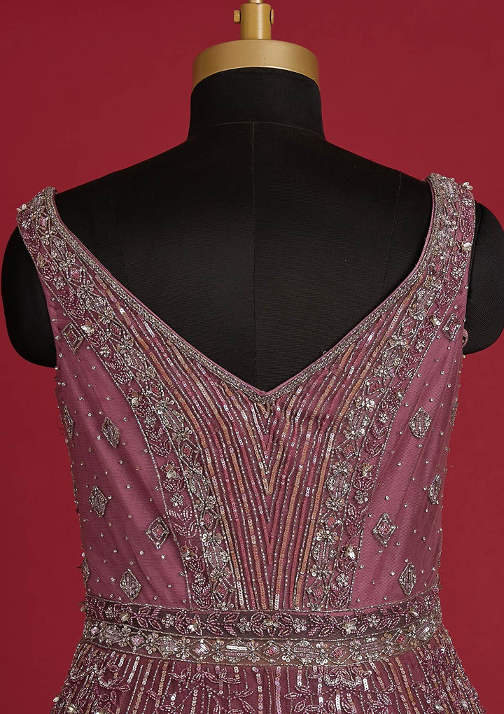 Onion Pink Sequins Net Designer Gown - koskii