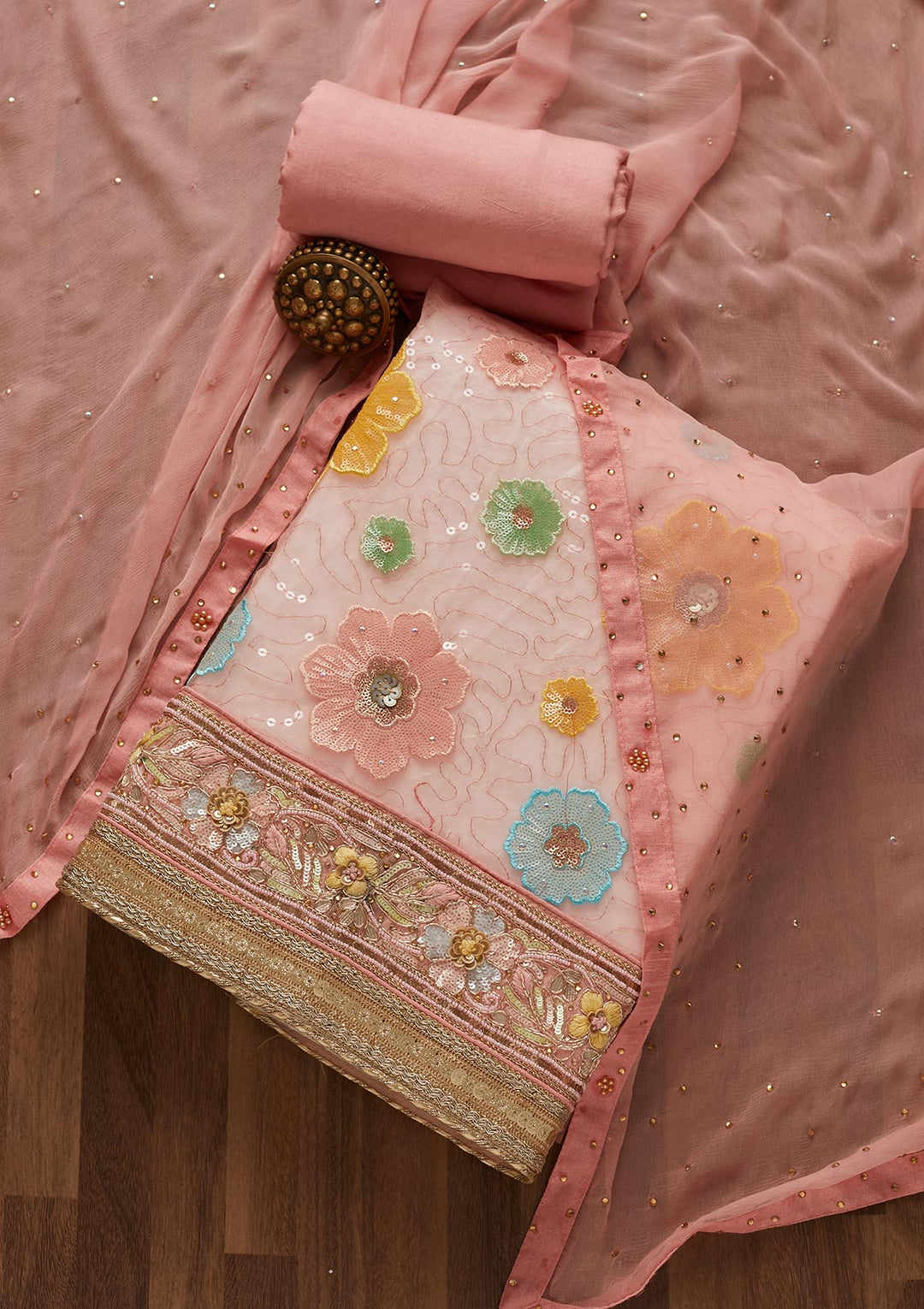 Onion Pink Sequins Net Unstitched Salwar Suit-Koskii
