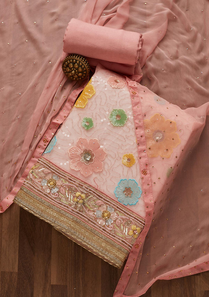 Onion Pink Sequins Net Unstitched Salwar Suit-Koskii