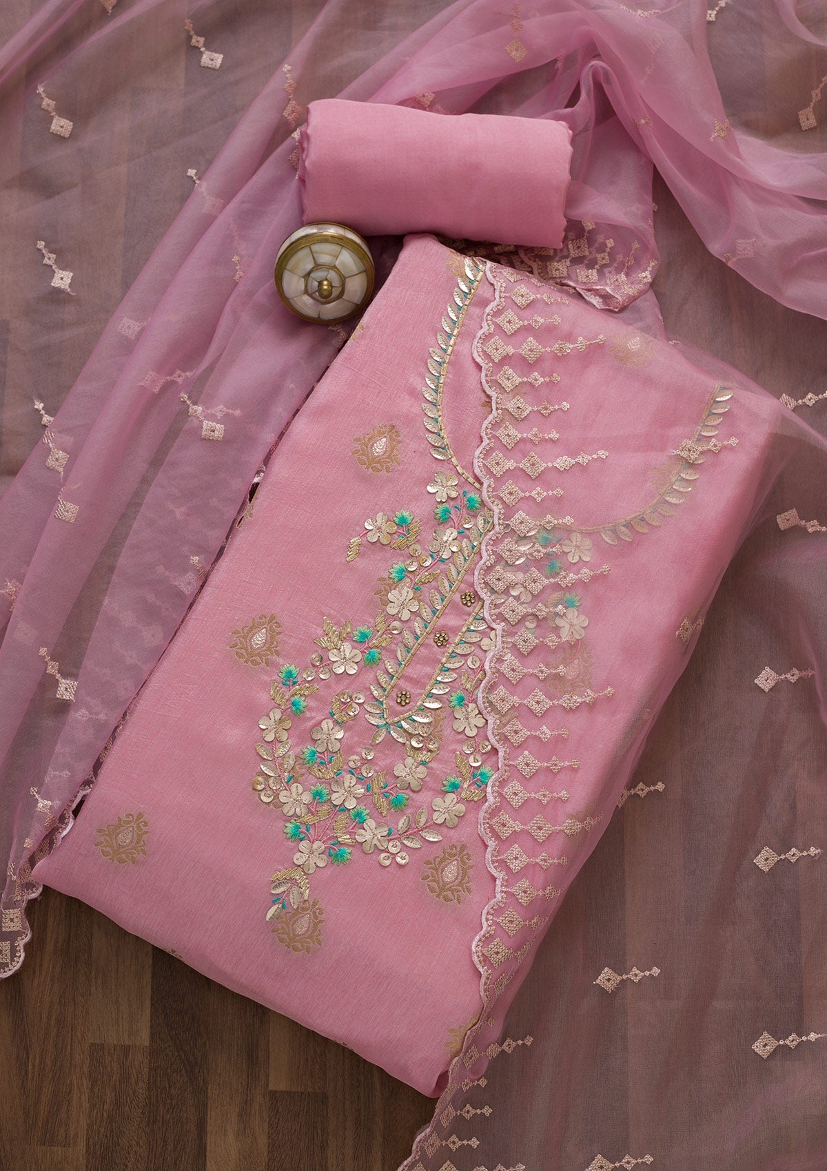 Onion Pink Sequins Raw Silk Unstitched Salwar Suit-Koskii