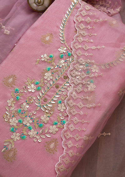 Onion Pink Sequins Raw Silk Unstitched Salwar Suit-Koskii