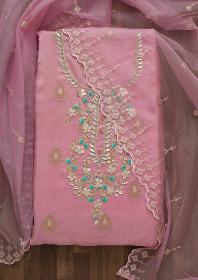 Onion Pink Sequins Raw Silk Unstitched Salwar Suit-Koskii