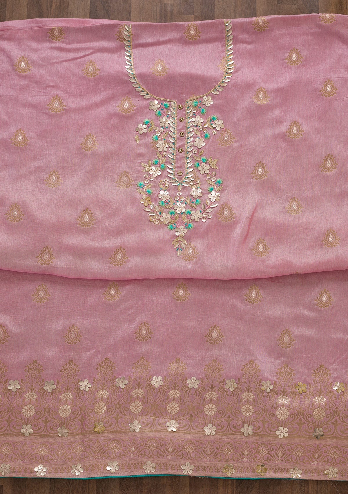 Onion Pink Sequins Raw Silk Unstitched Salwar Suit-Koskii