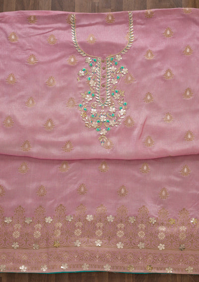 Onion Pink Sequins Raw Silk Unstitched Salwar Suit-Koskii