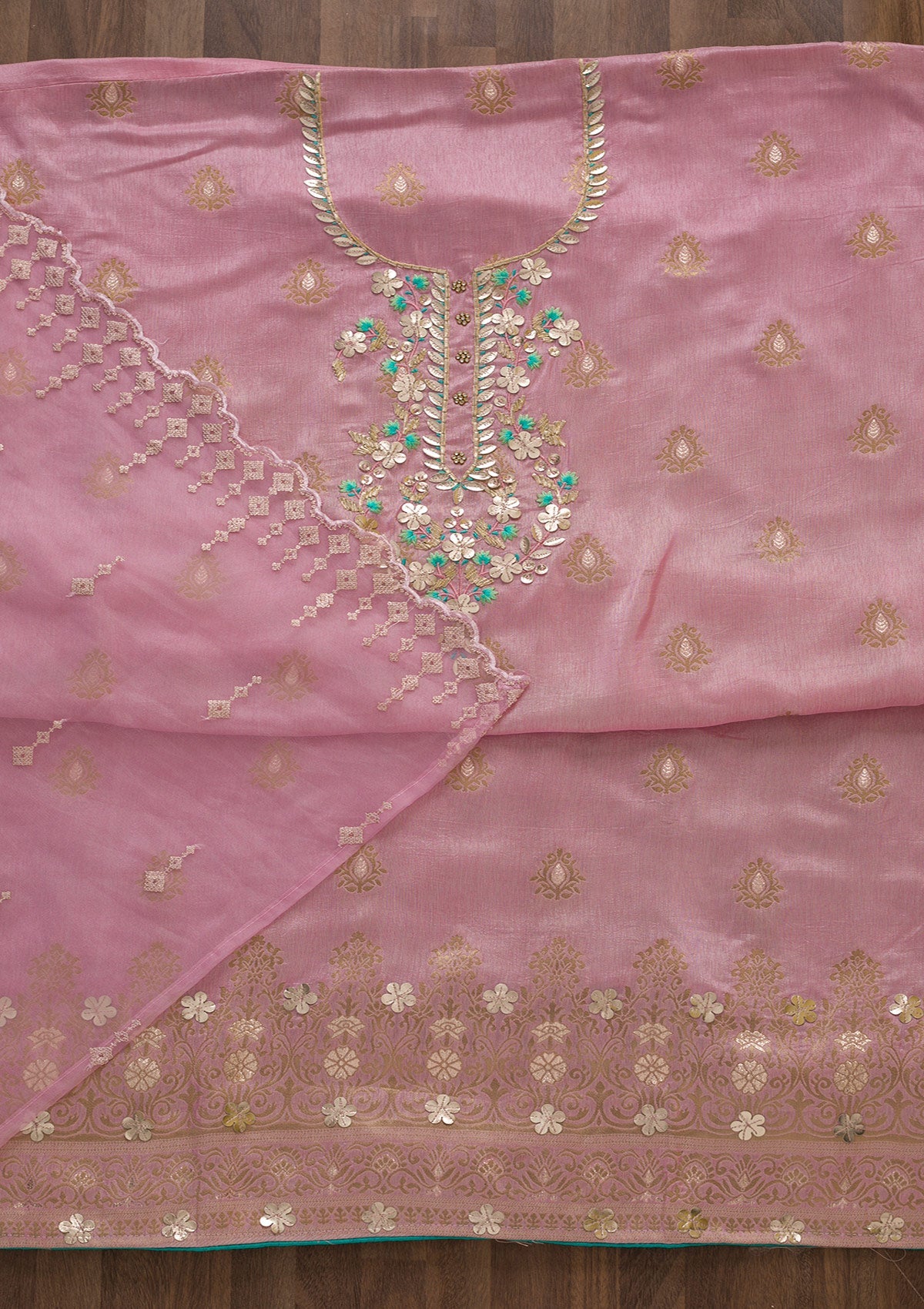 Onion Pink Sequins Raw Silk Unstitched Salwar Suit-Koskii