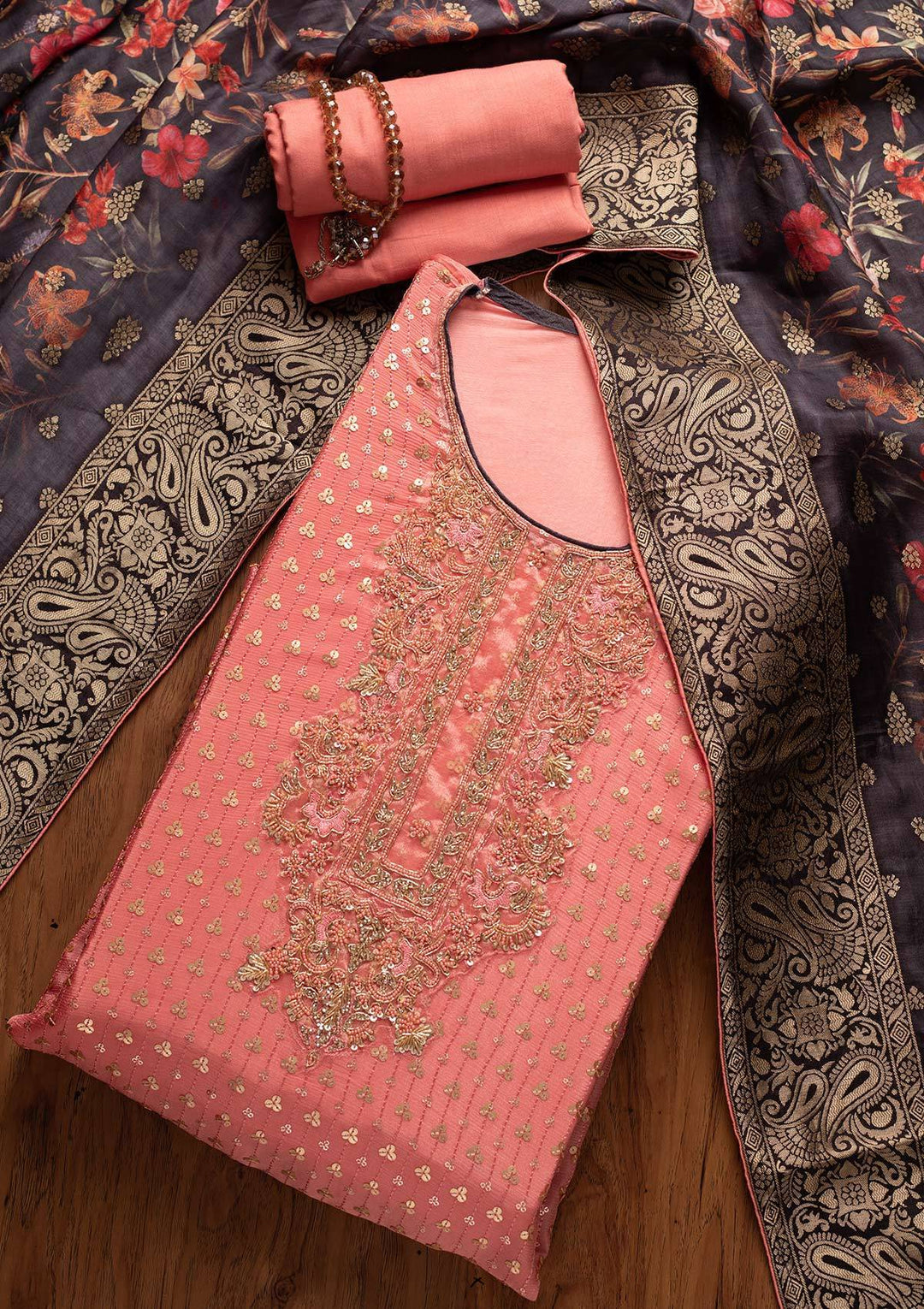 Onion Pink Sequins Semi Crepe Designer Semi-Stitched Salwar Suit - koskii