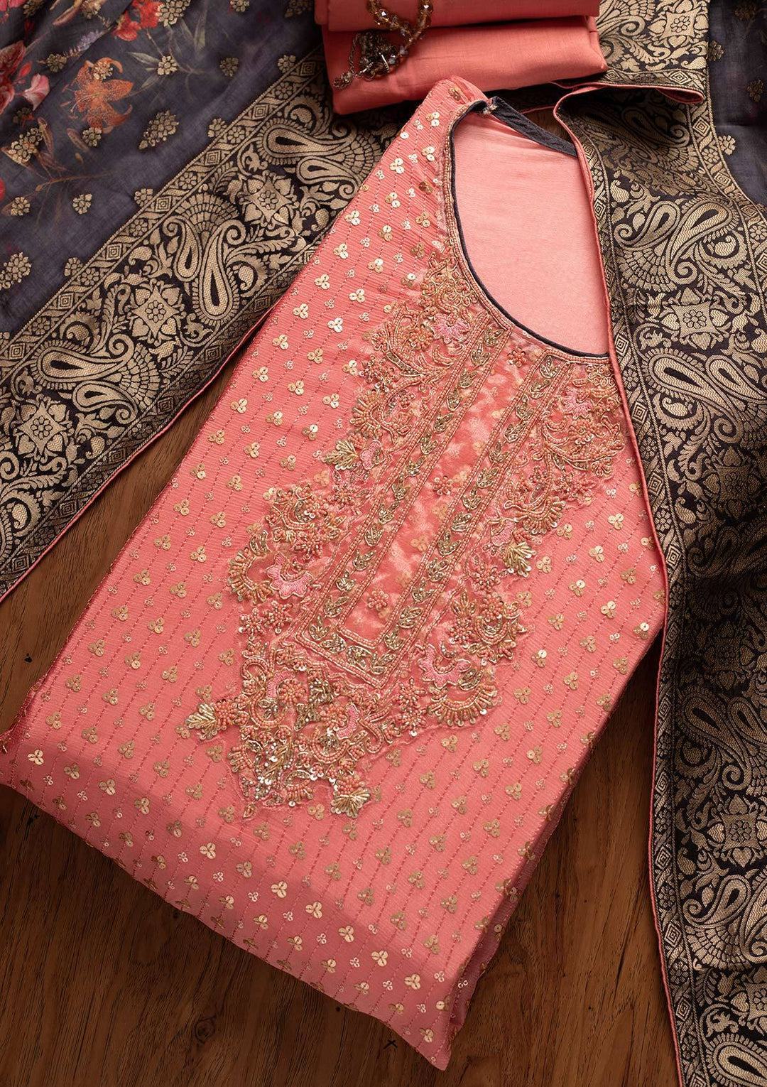 Onion Pink Sequins Semi Crepe Designer Semi-Stitched Salwar Suit - koskii