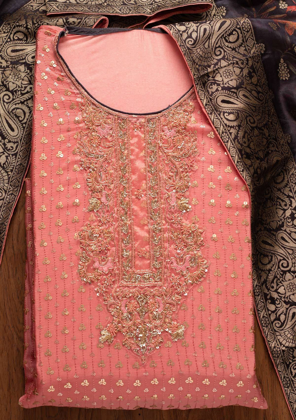 Onion Pink Sequins Semi Crepe Designer Semi-Stitched Salwar Suit - koskii
