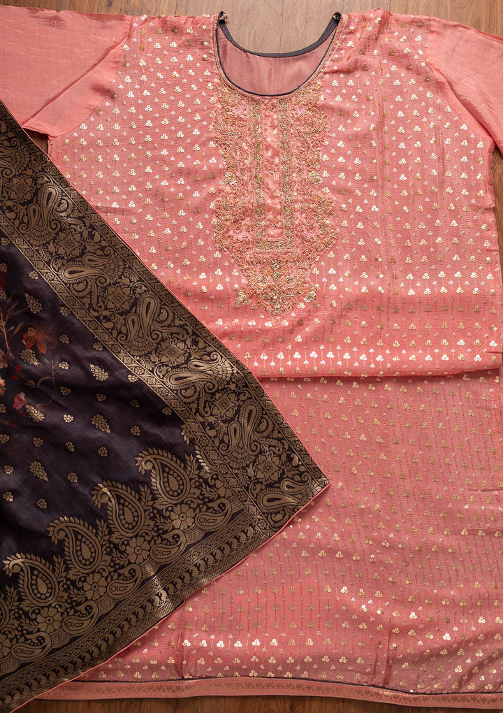 Onion Pink Sequins Semi Crepe Designer Semi-Stitched Salwar Suit - koskii