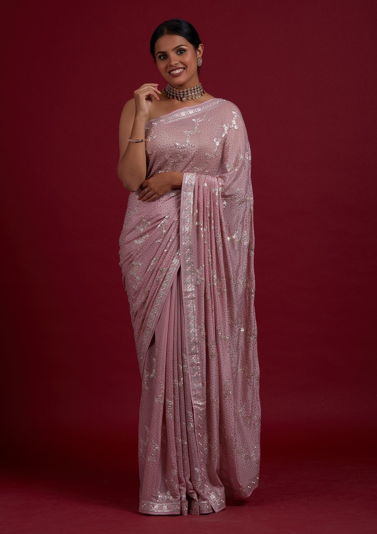 Onion Pink Sequins Semi Crepe Designer Saree - Koskii