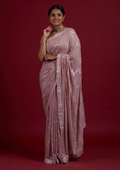 Onion Pink Sequins Semi Crepe Designer Saree - Koskii