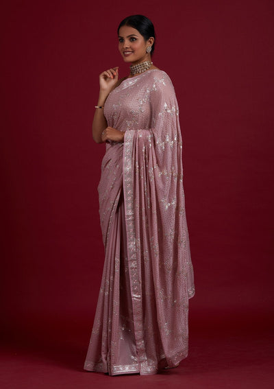 Onion Pink Sequins Semi Crepe Designer Saree - Koskii