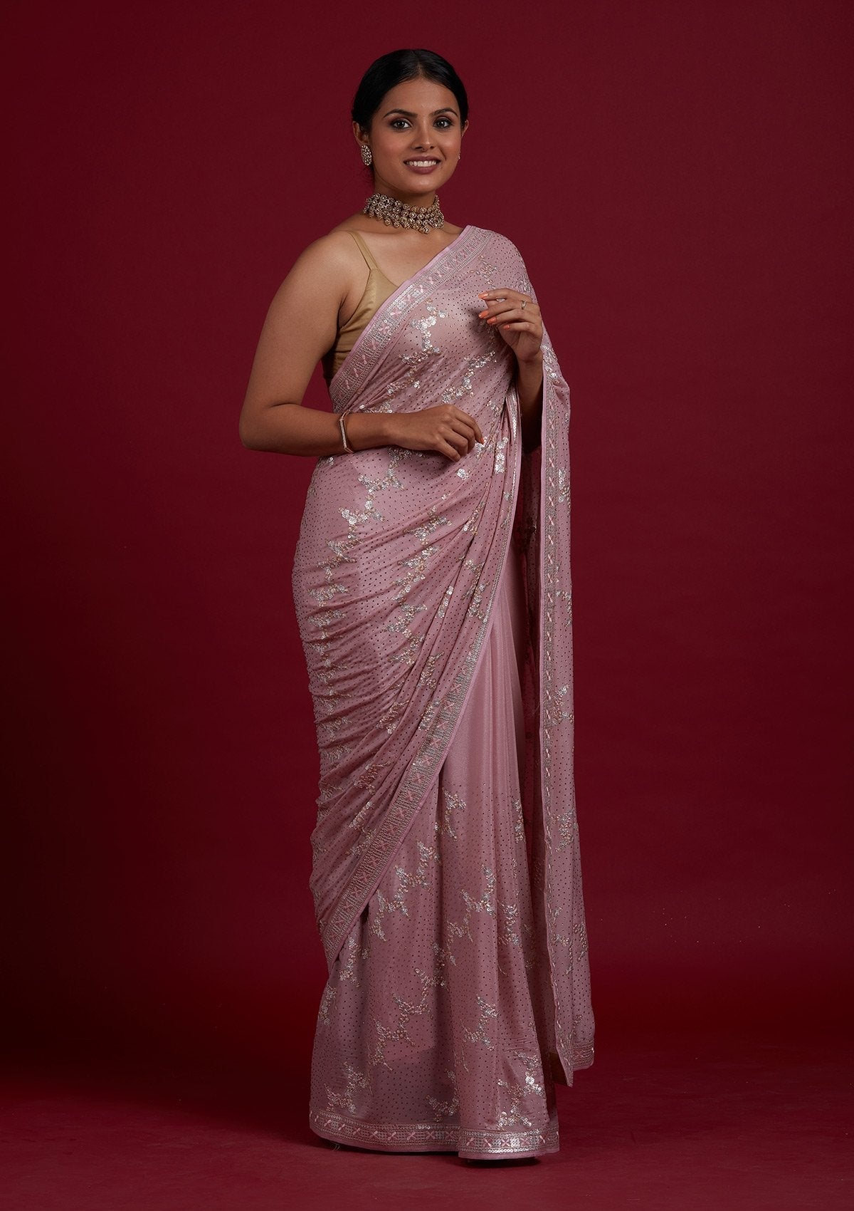 Onion Pink Sequins Semi Crepe Designer Saree - Koskii