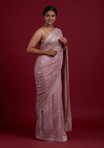 Onion Pink Sequins Semi Crepe Designer Saree - Koskii