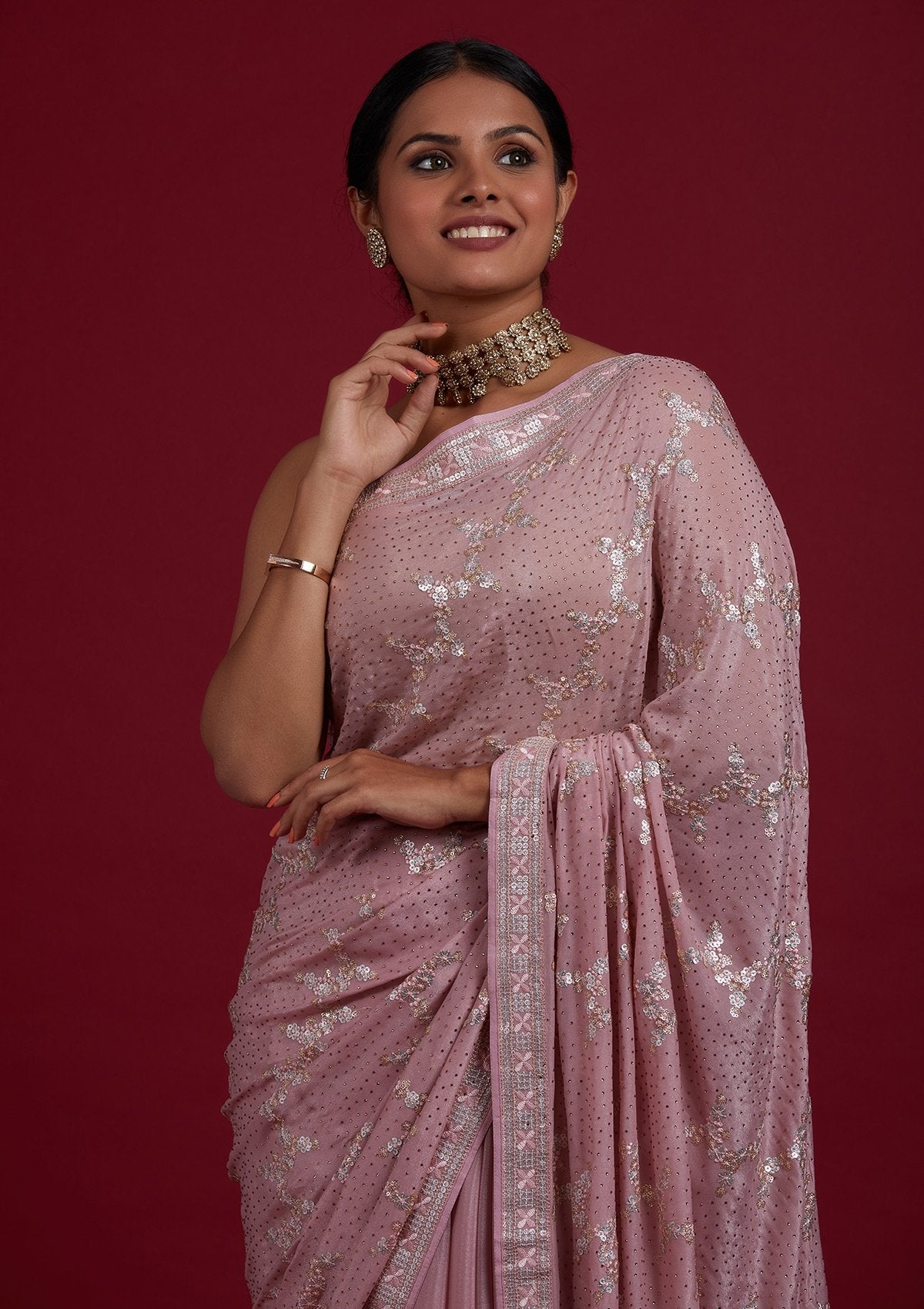 Onion Pink Sequins Semi Crepe Designer Saree - Koskii