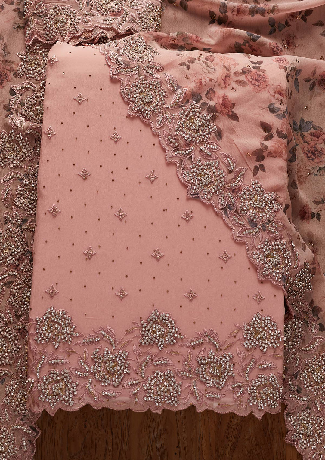 Onion Pink Silver Stonework Georgette Designer Unstitched Salwar Suit - koskii
