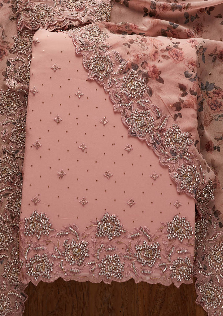 Onion Pink Silver Stonework Georgette Designer Unstitched Salwar Suit - koskii