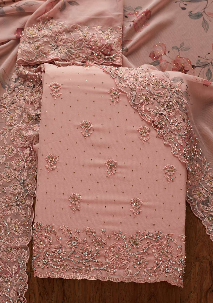 Onion Pink Silver Stonework Georgette Designer Unstitched Salwar Suit - koskii