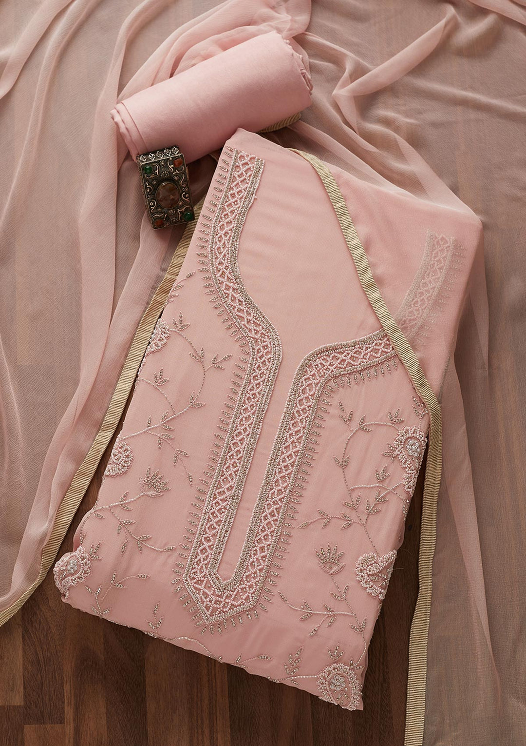 Onion Pink Silver Stonework Georgette Designer Unstitched Salwar Suit - Koskii