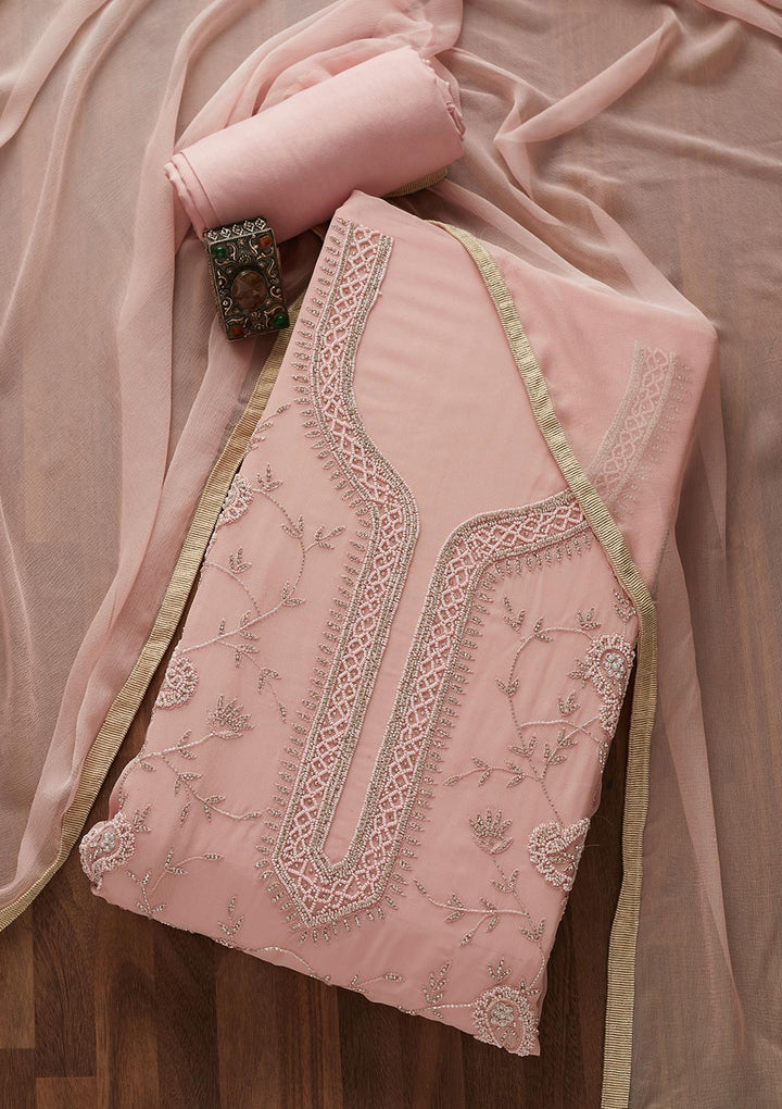 Onion Pink Silver Stonework Georgette Designer Unstitched Salwar Suit - Koskii