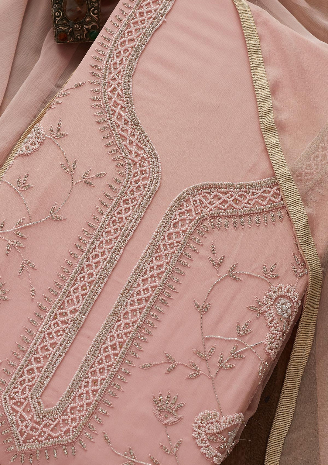Onion Pink Silver Stonework Georgette Designer Unstitched Salwar Suit - Koskii