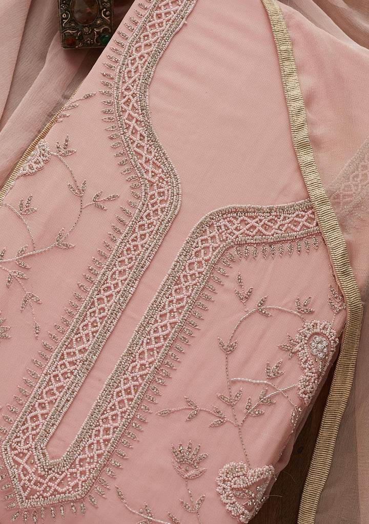 Onion Pink Silver Stonework Georgette Designer Unstitched Salwar Suit - Koskii