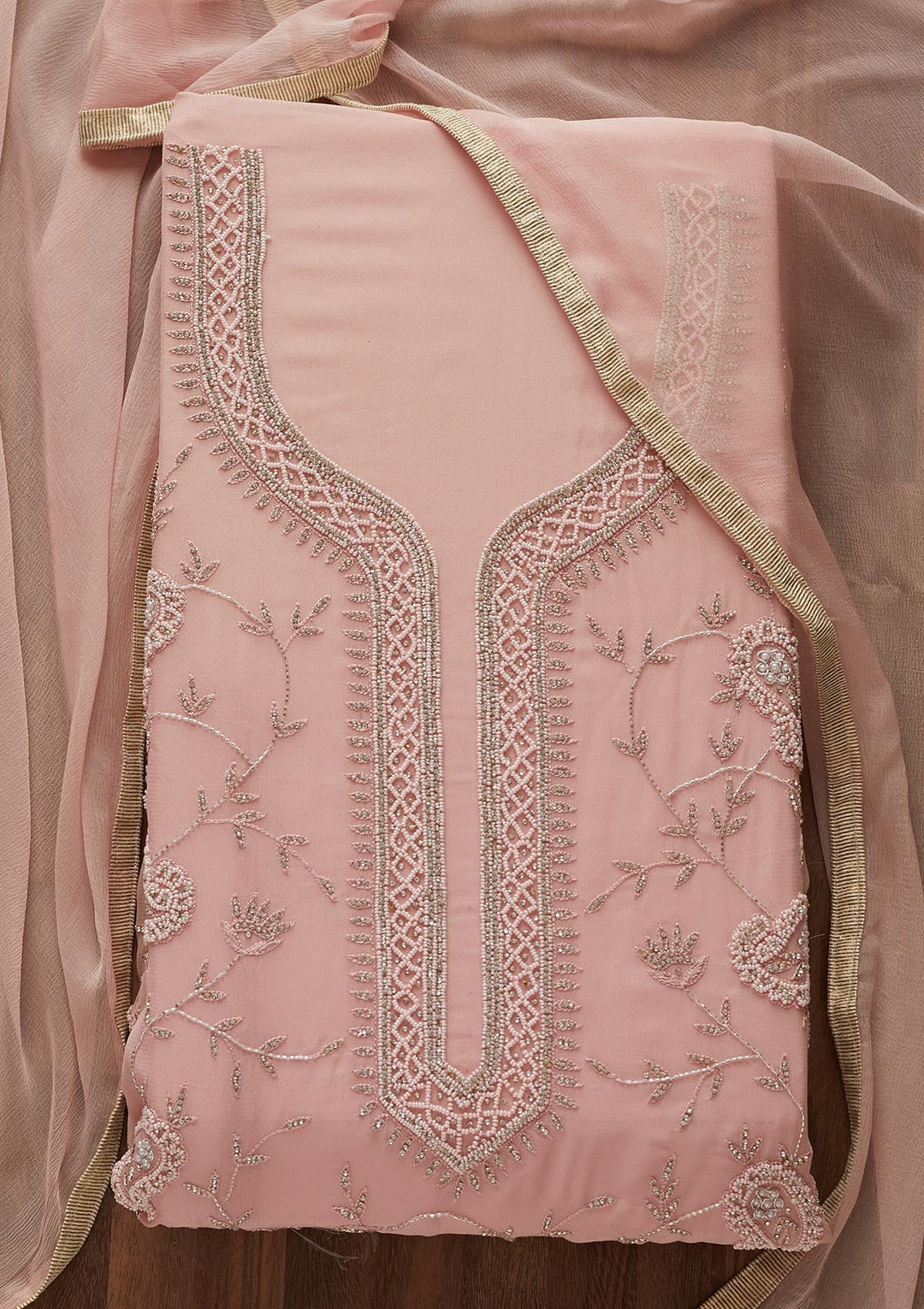 Onion Pink Silver Stonework Georgette Designer Unstitched Salwar Suit - Koskii