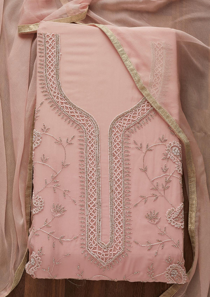 Onion Pink Silver Stonework Georgette Designer Unstitched Salwar Suit - Koskii