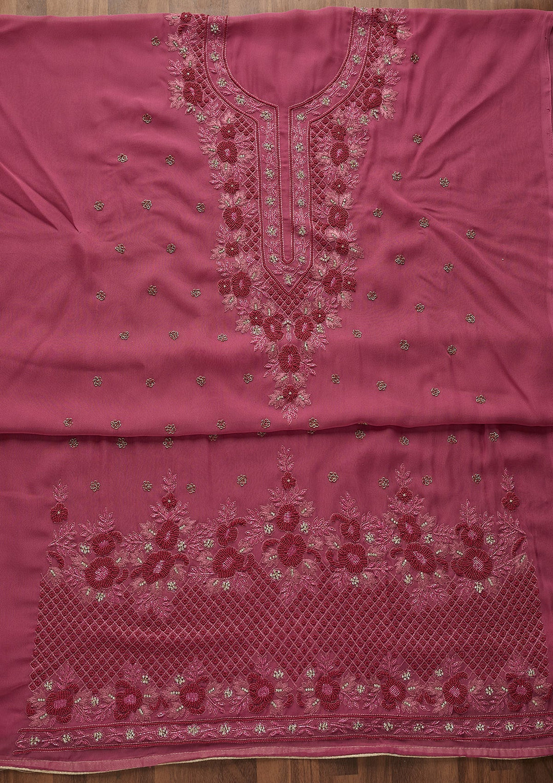 Onion Pink Silver Stonework Georgette Unstitched Salwar Suit-Koskii