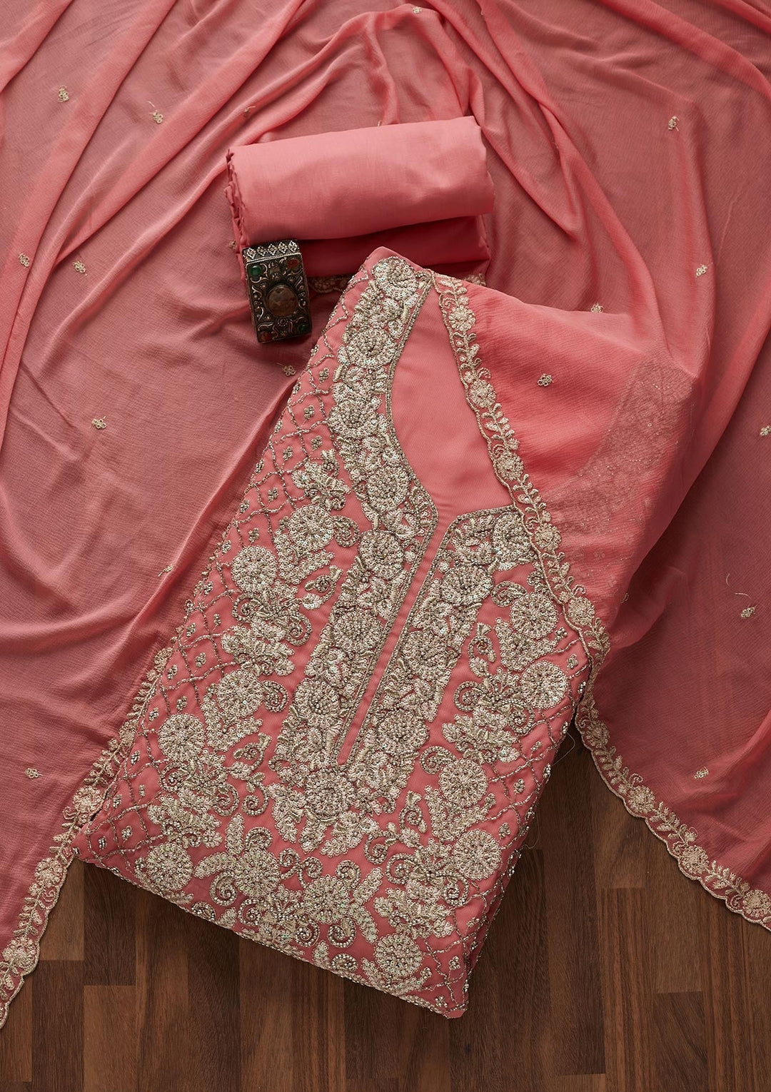 Onion Pink Silver Stonework Georgette Designer Unstitched Salwar Suit - Koskii
