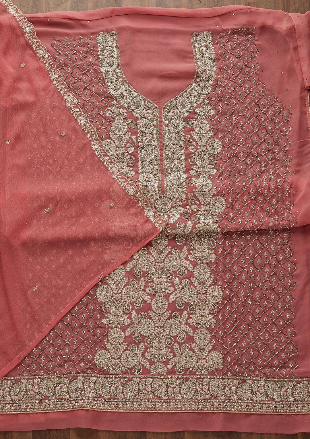 Onion Pink Silver Stonework Georgette Designer Unstitched Salwar Suit - Koskii