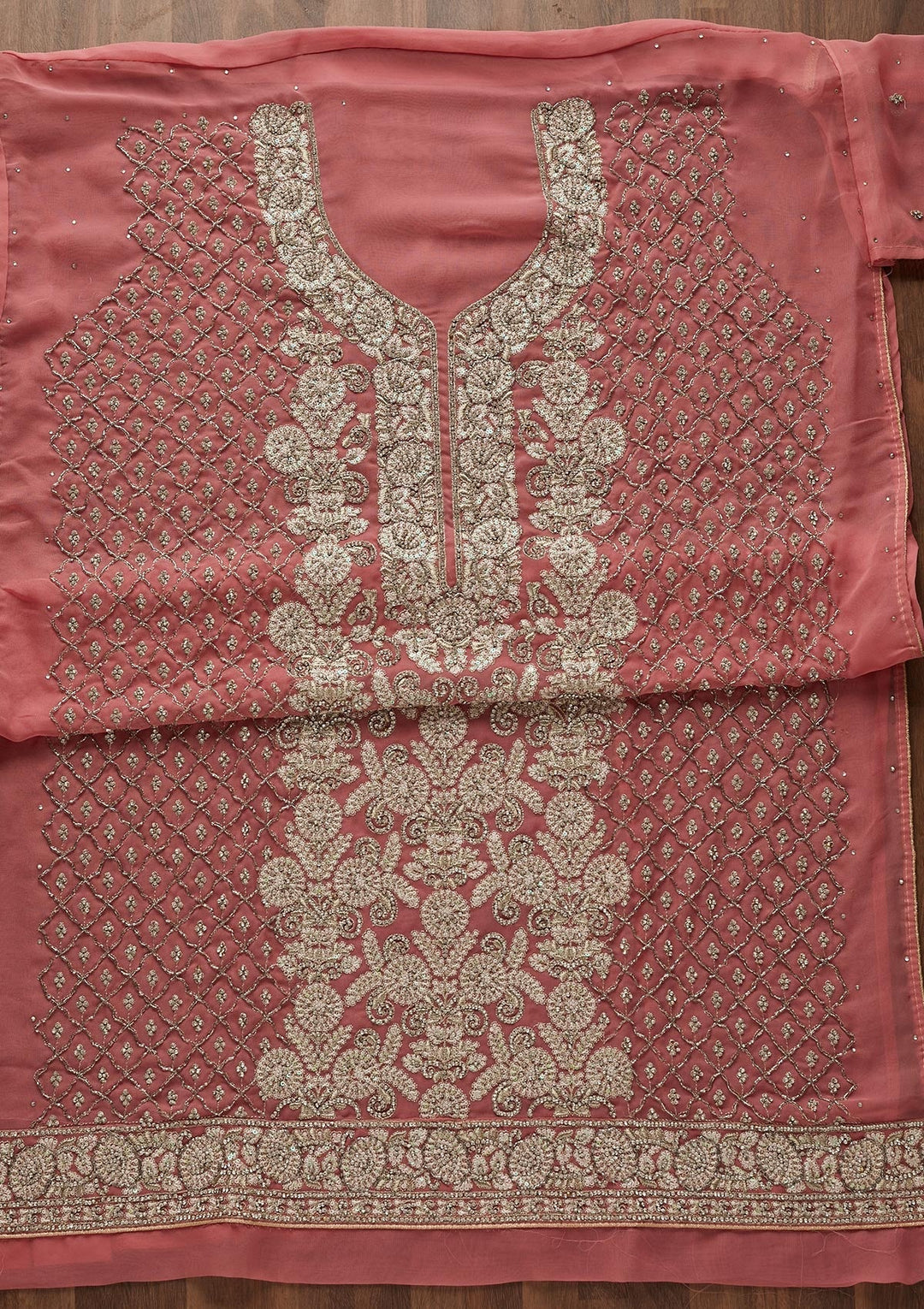 Onion Pink Silver Stonework Georgette Designer Unstitched Salwar Suit - Koskii