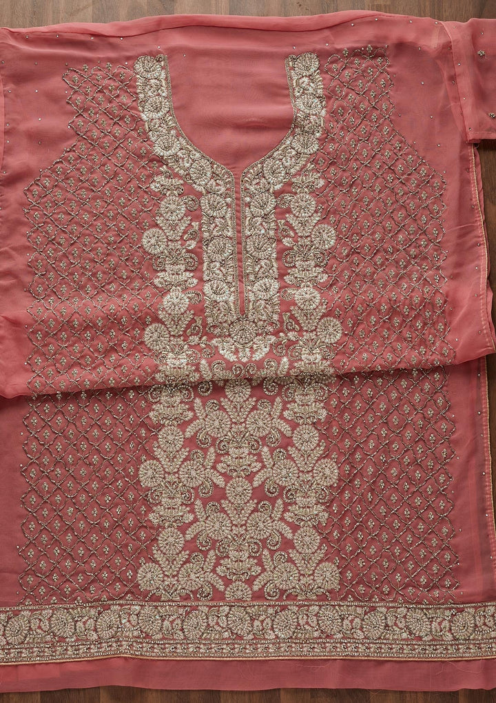 Onion Pink Silver Stonework Georgette Designer Unstitched Salwar Suit - Koskii