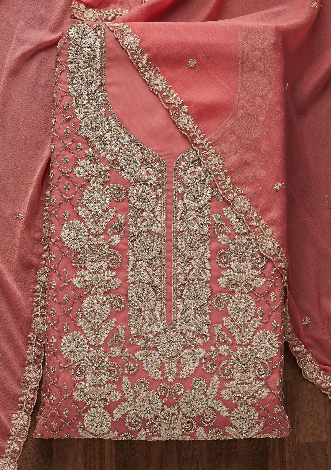 Onion Pink Silver Stonework Georgette Designer Unstitched Salwar Suit - Koskii
