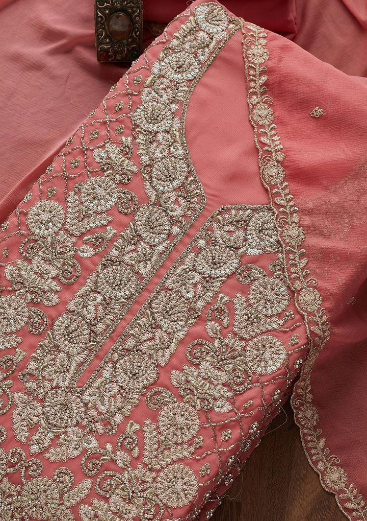 Onion Pink Silver Stonework Georgette Designer Unstitched Salwar Suit - Koskii