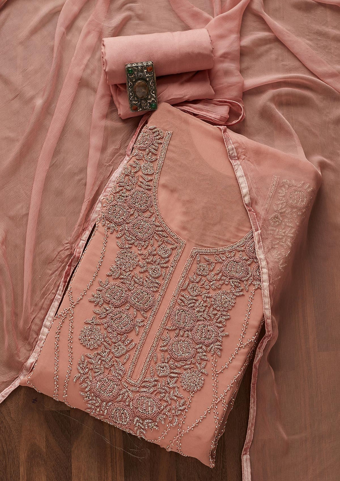 Onion Pink Silver Stonework Georgette Designer Unstitched Salwar Suit - Koskii