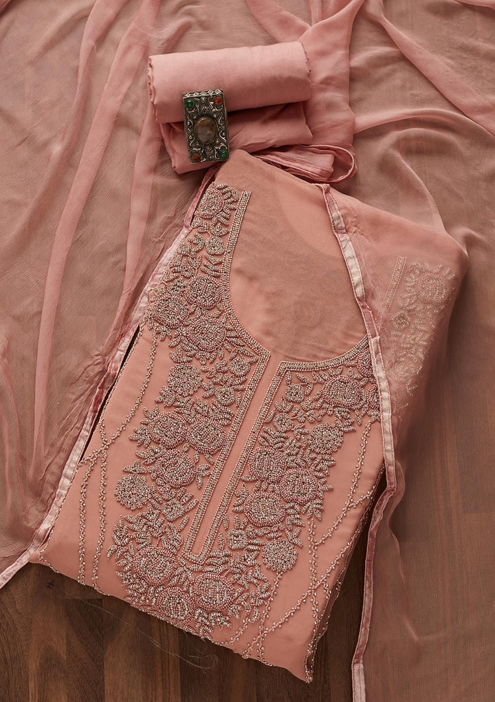 Onion Pink Silver Stonework Georgette Designer Unstitched Salwar Suit - Koskii