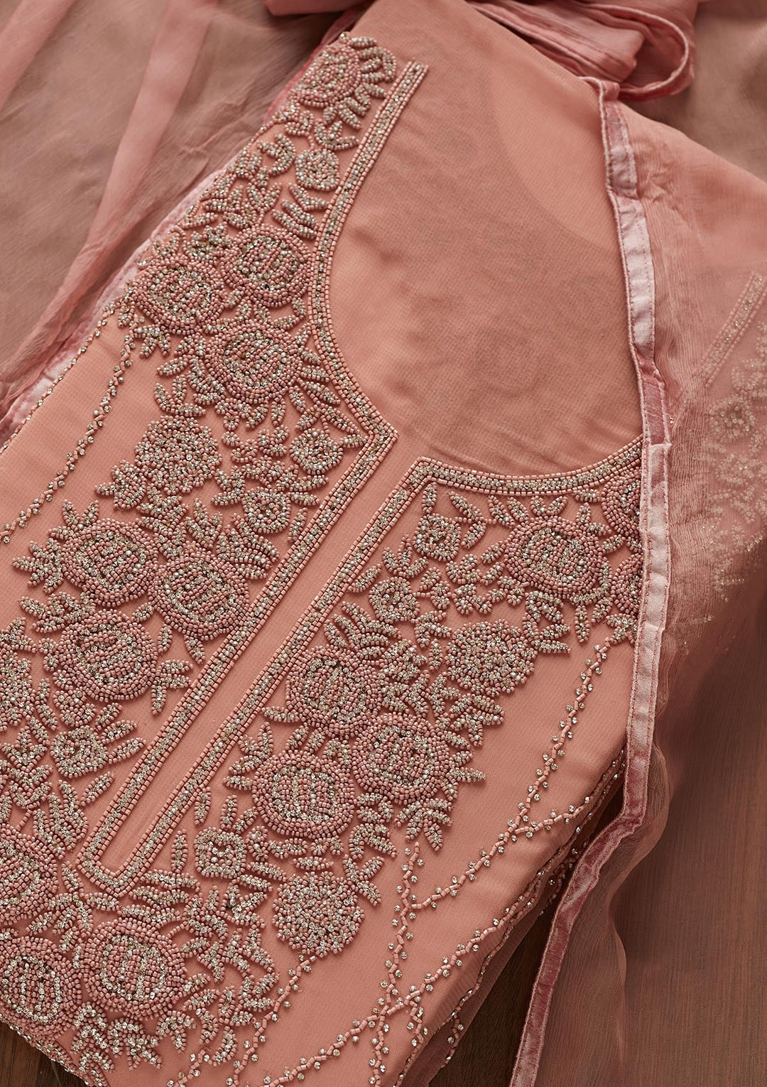 Onion Pink Silver Stonework Georgette Designer Unstitched Salwar Suit - Koskii