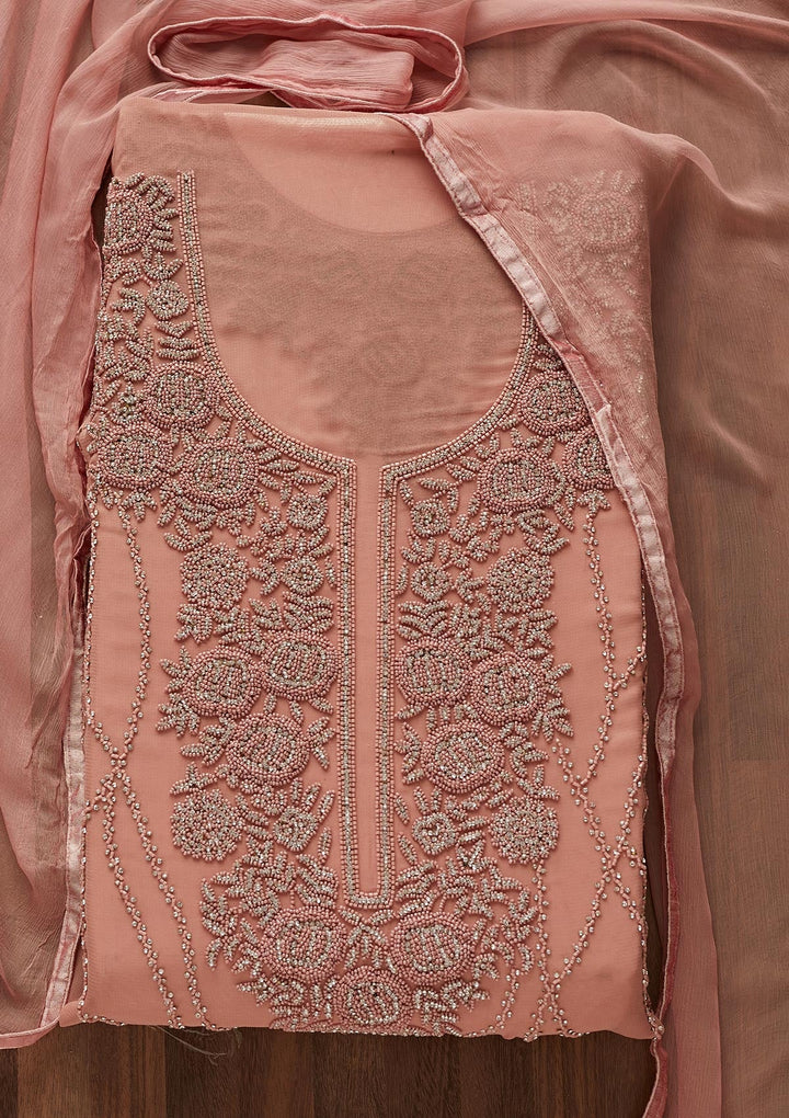 Onion Pink Silver Stonework Georgette Designer Unstitched Salwar Suit - Koskii