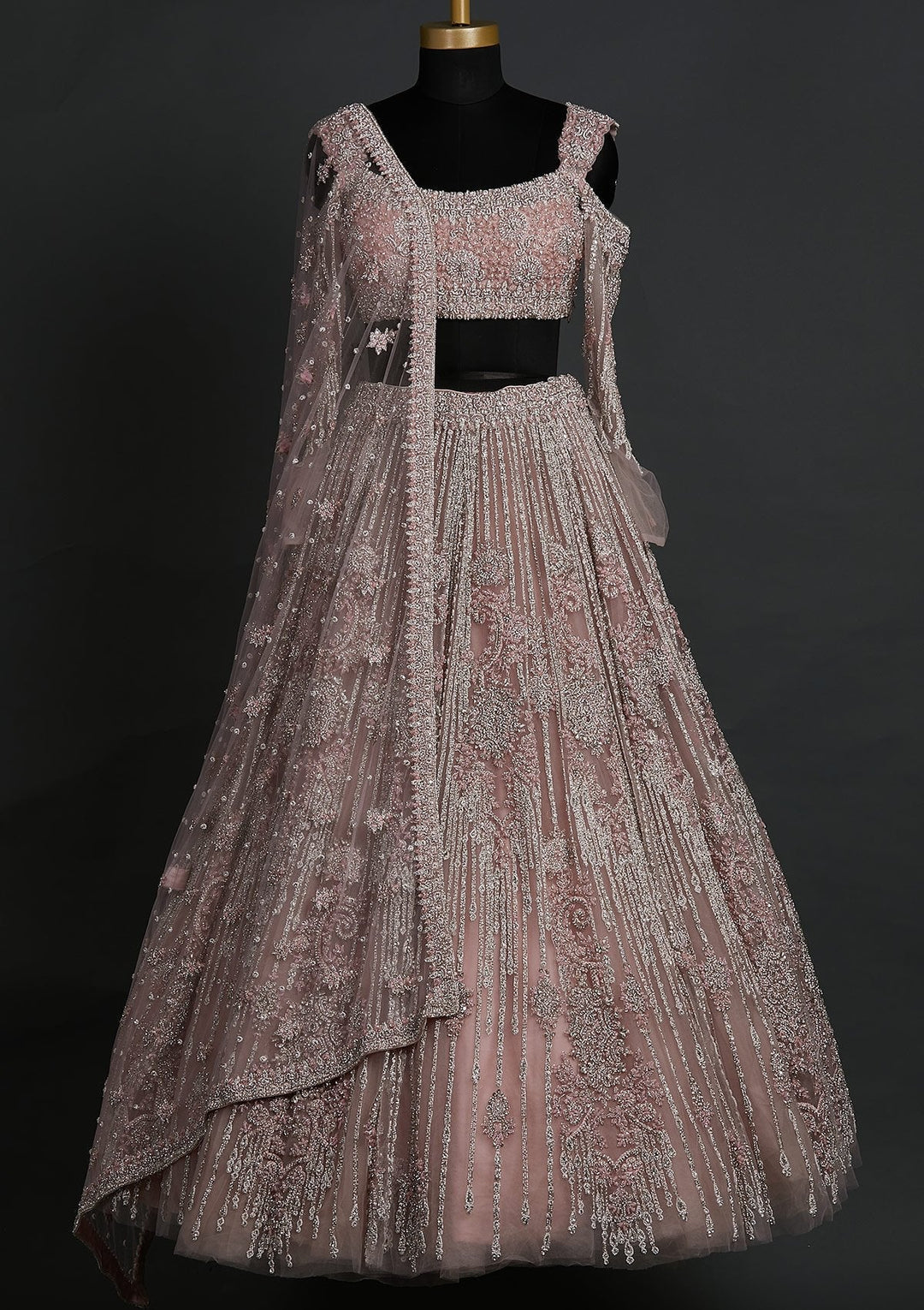 Onion Pink Silver Stonework Net Designer Lehenga - koskii