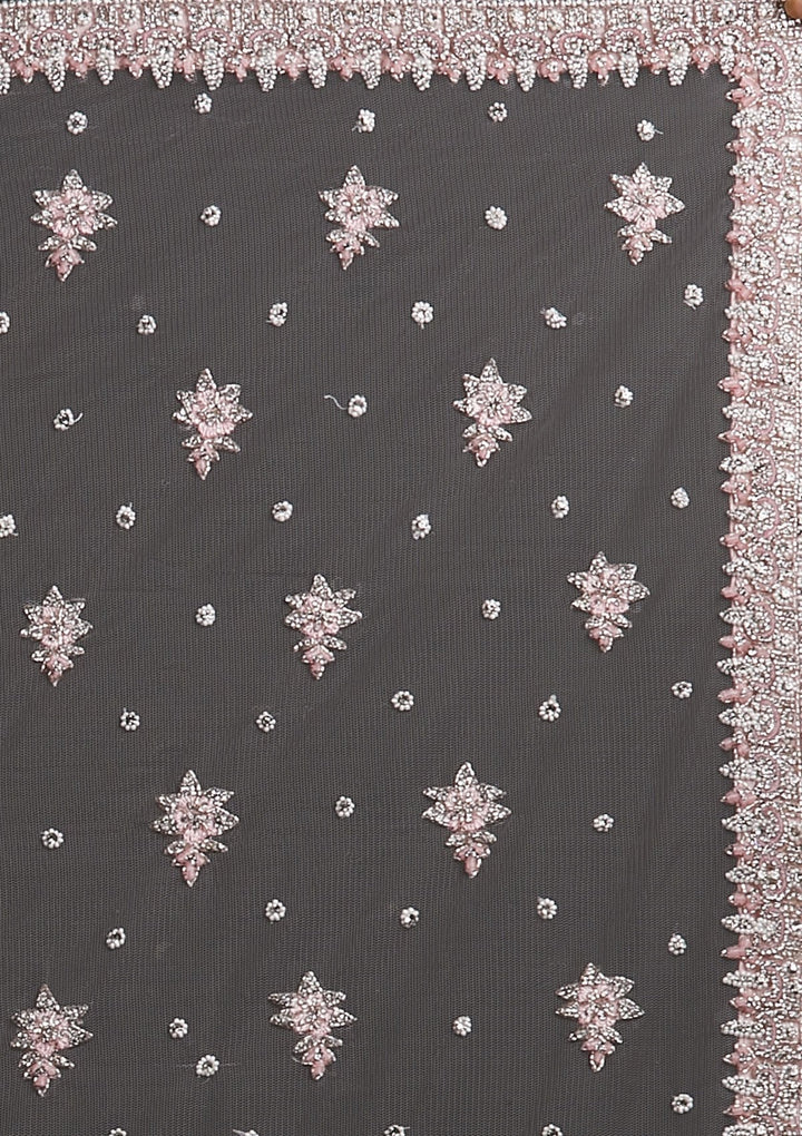 Onion Pink Silver Stonework Net Designer Lehenga - koskii