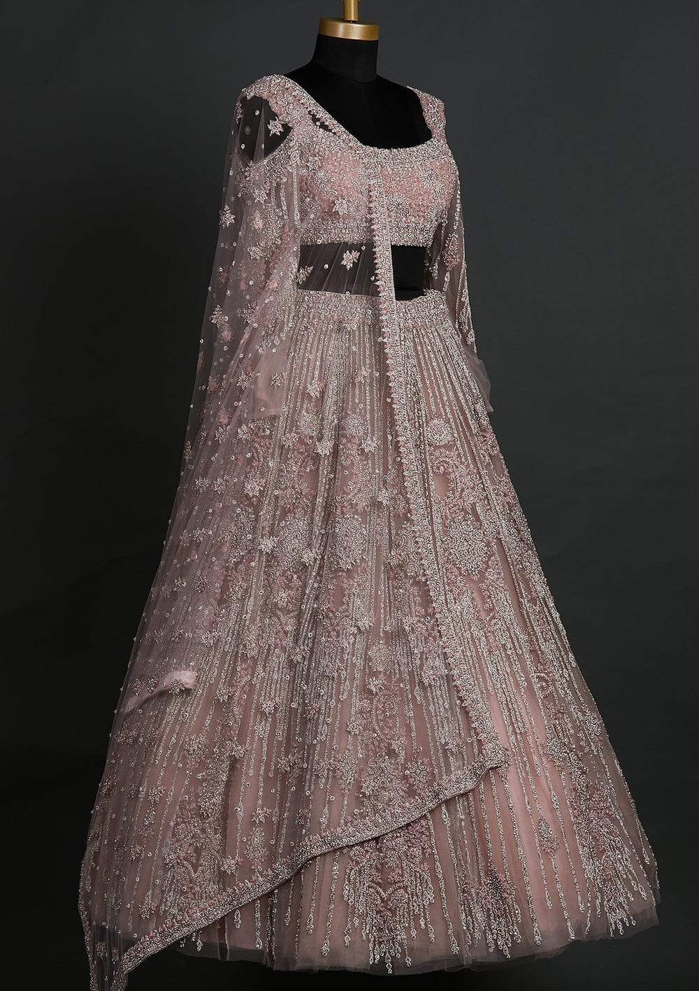 Onion Pink Silver Stonework Net Designer Lehenga - koskii