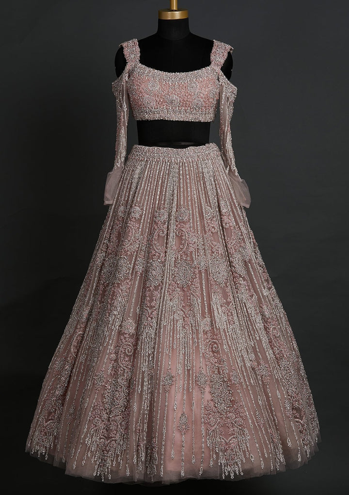 Onion Pink Silver Stonework Net Designer Lehenga - koskii