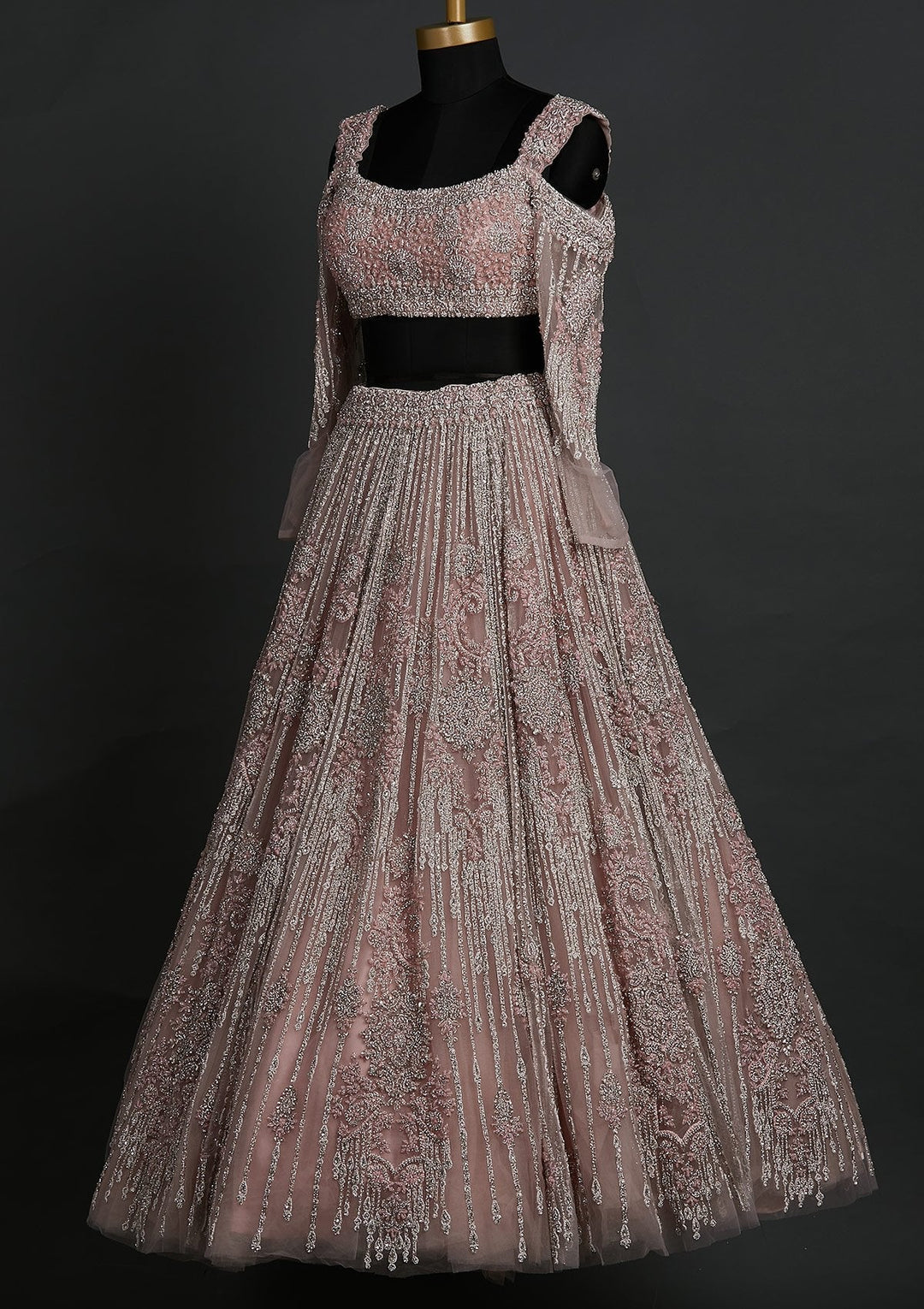 Onion Pink Silver Stonework Net Designer Lehenga - koskii