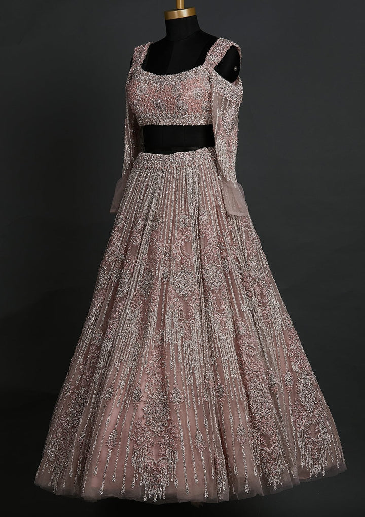 Onion Pink Silver Stonework Net Designer Lehenga - koskii