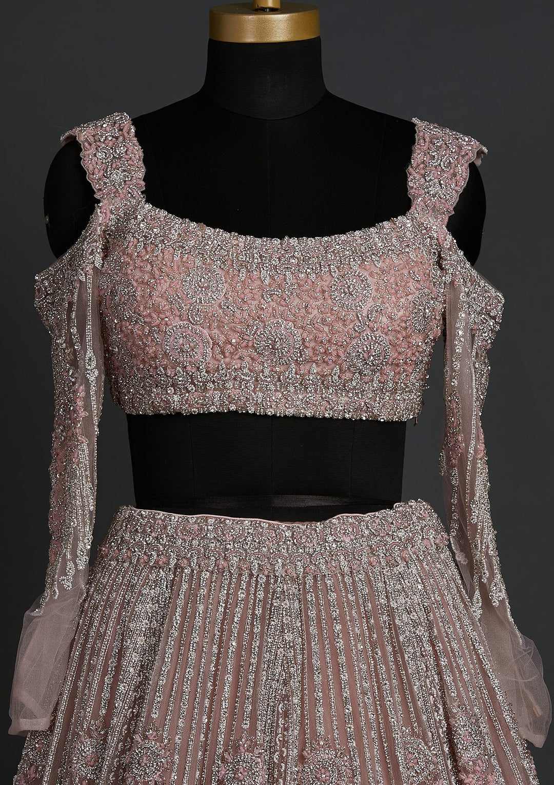 Onion Pink Silver Stonework Net Designer Lehenga - koskii