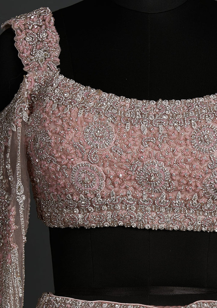 Onion Pink Silver Stonework Net Designer Lehenga - koskii